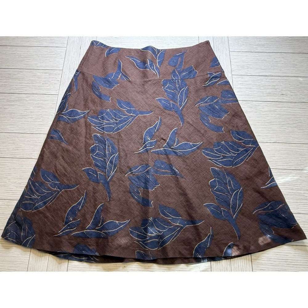 H&M Linen Skirt 10 Brown Blue Leaf Print A Line Fully Lined Modest Career Boho